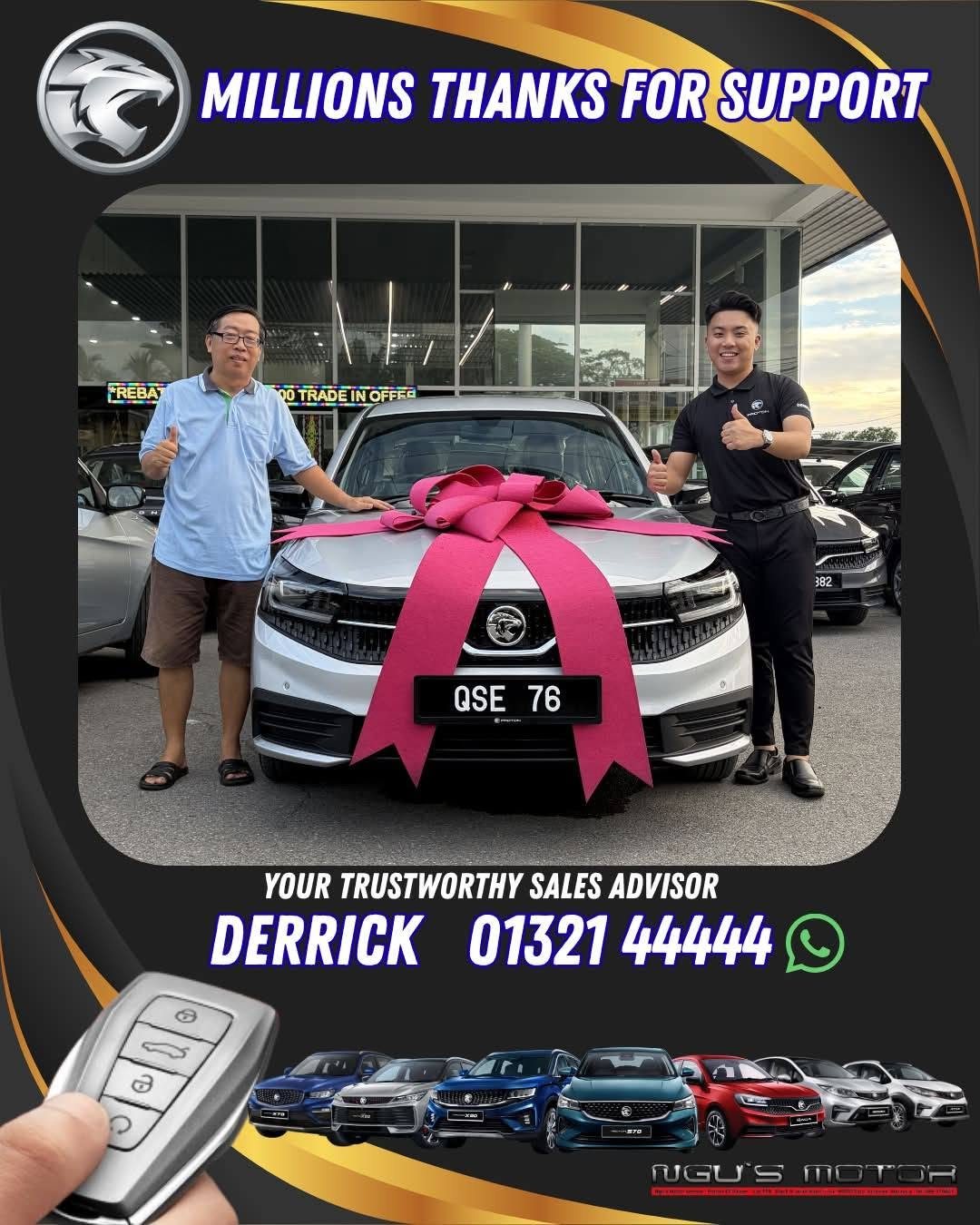 Proton customer receiving a new white Proton from Derrick Lim