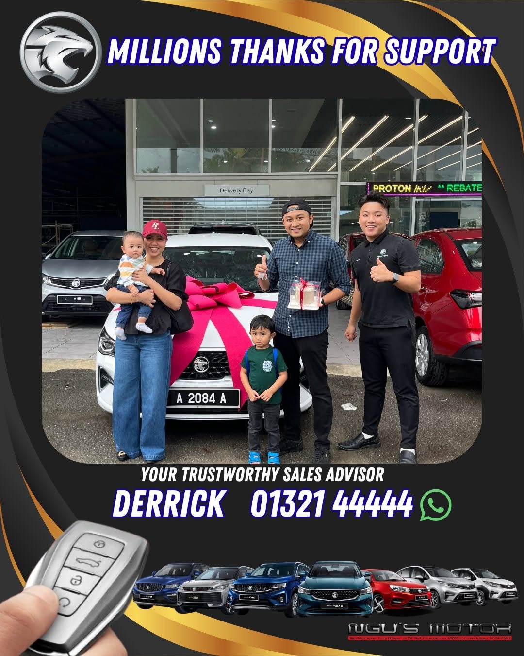 Family collecting their new Proton with Derrick Lim at Ngus Motor Sibu
