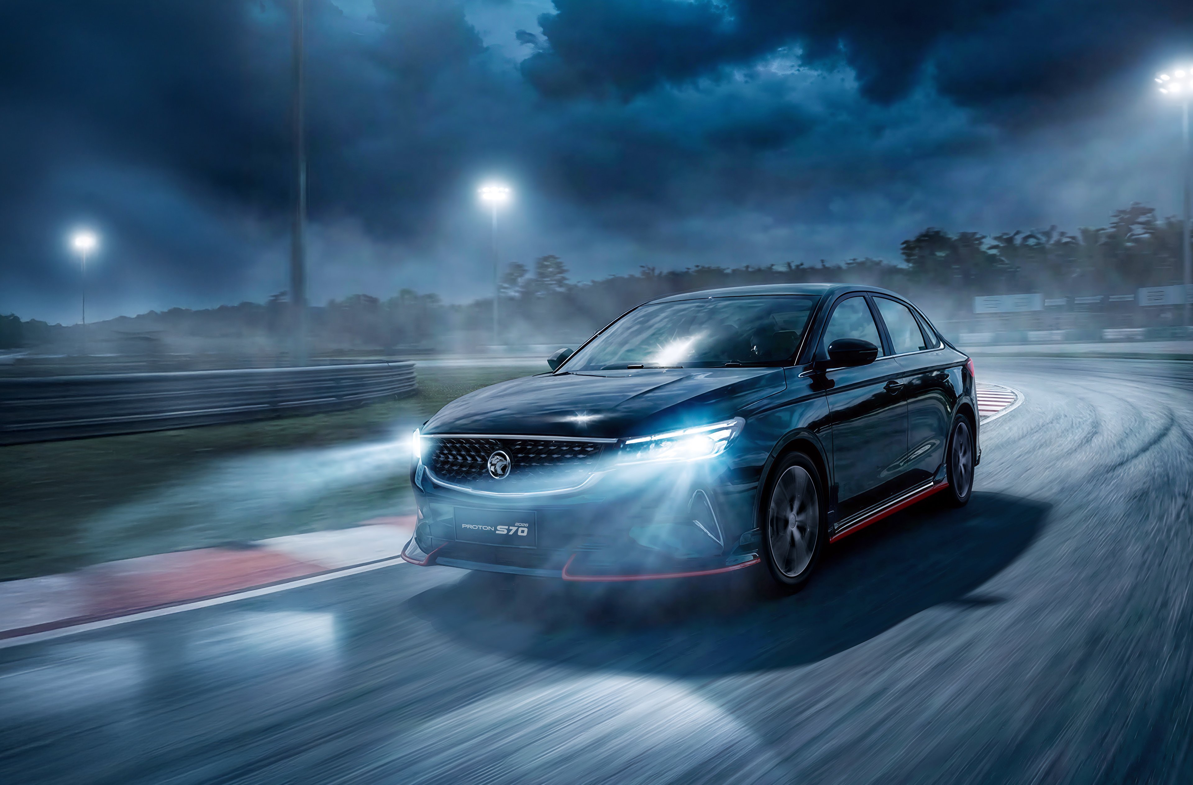 Proton S70 driving on a night track