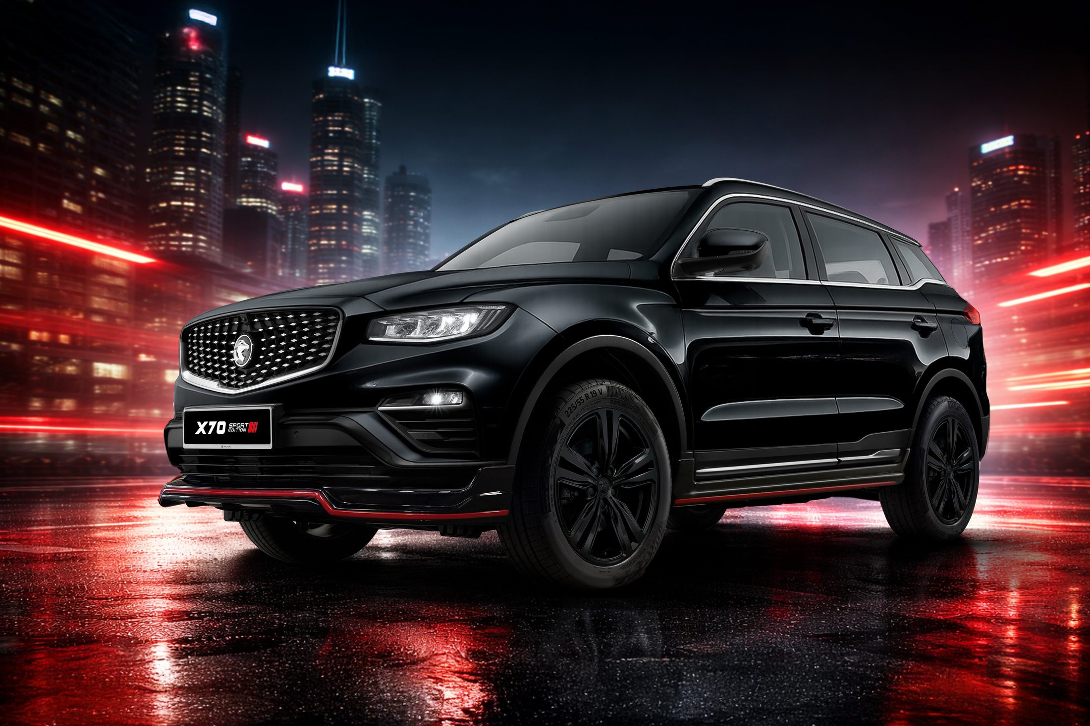 Black Proton X70 Sport Edition in a city at night